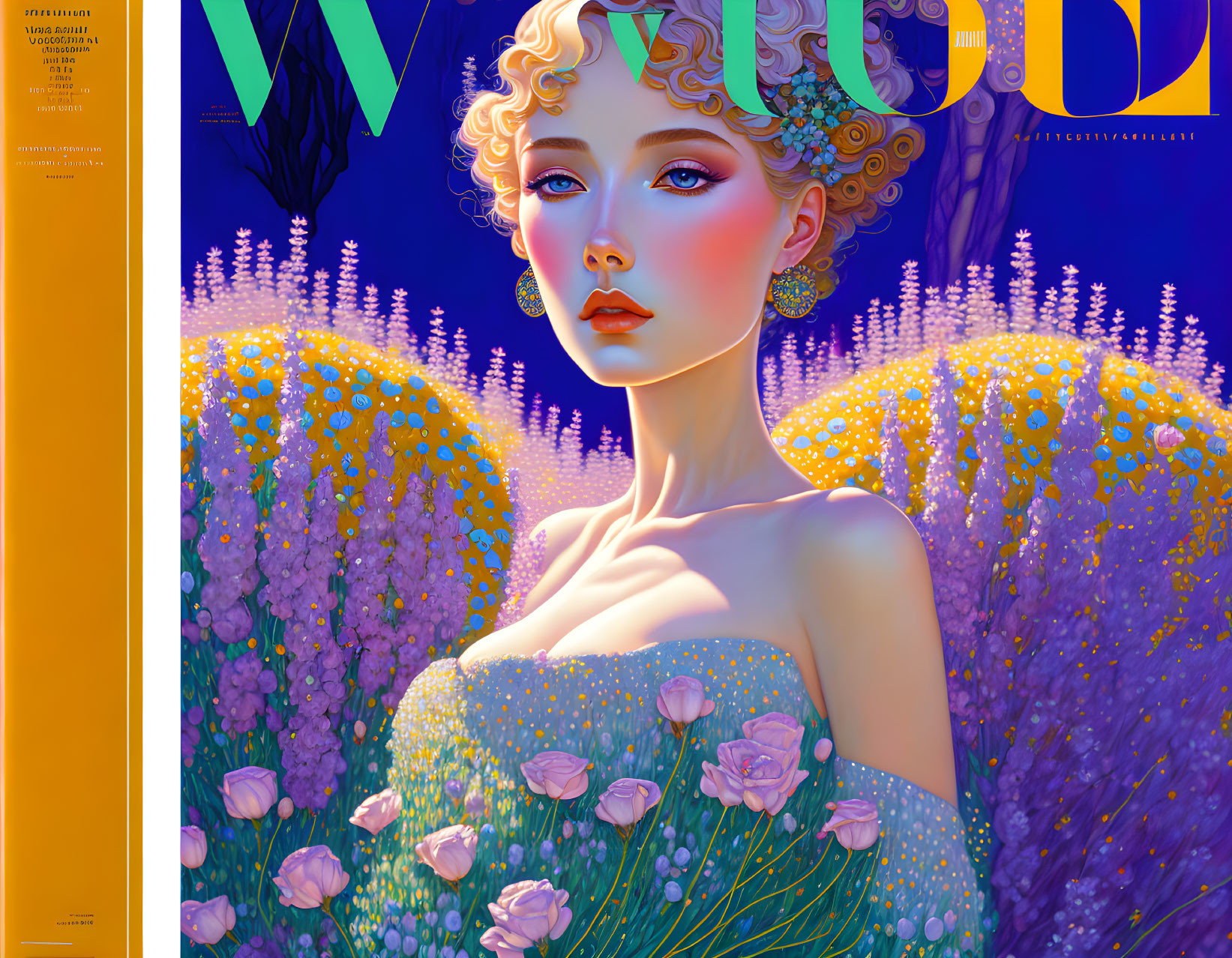 Woman with floral and butterfly motifs on Vogue-style cover with vibrant colors