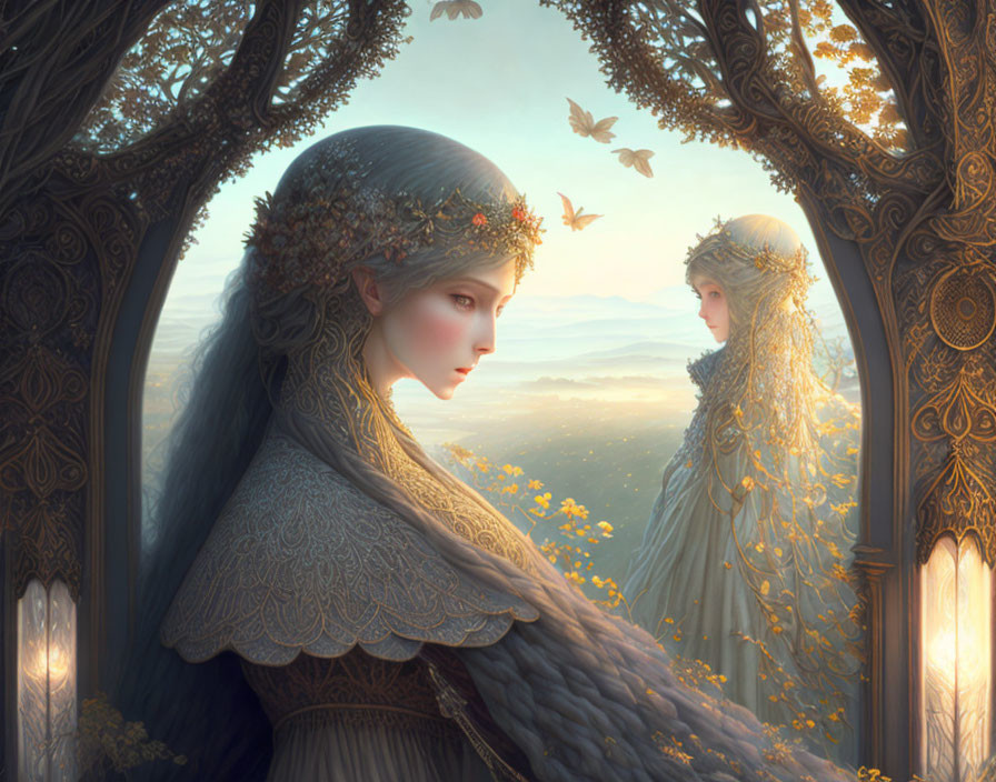 Ethereal artwork: Two female figures in ornate forest setting with butterflies