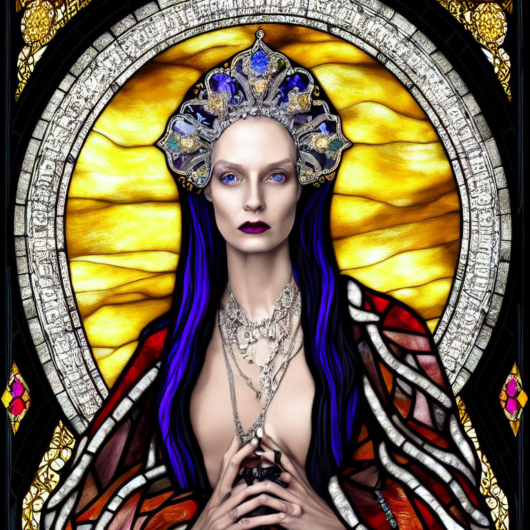 Purple-haired woman with ornate headpiece poses against stained-glass window background