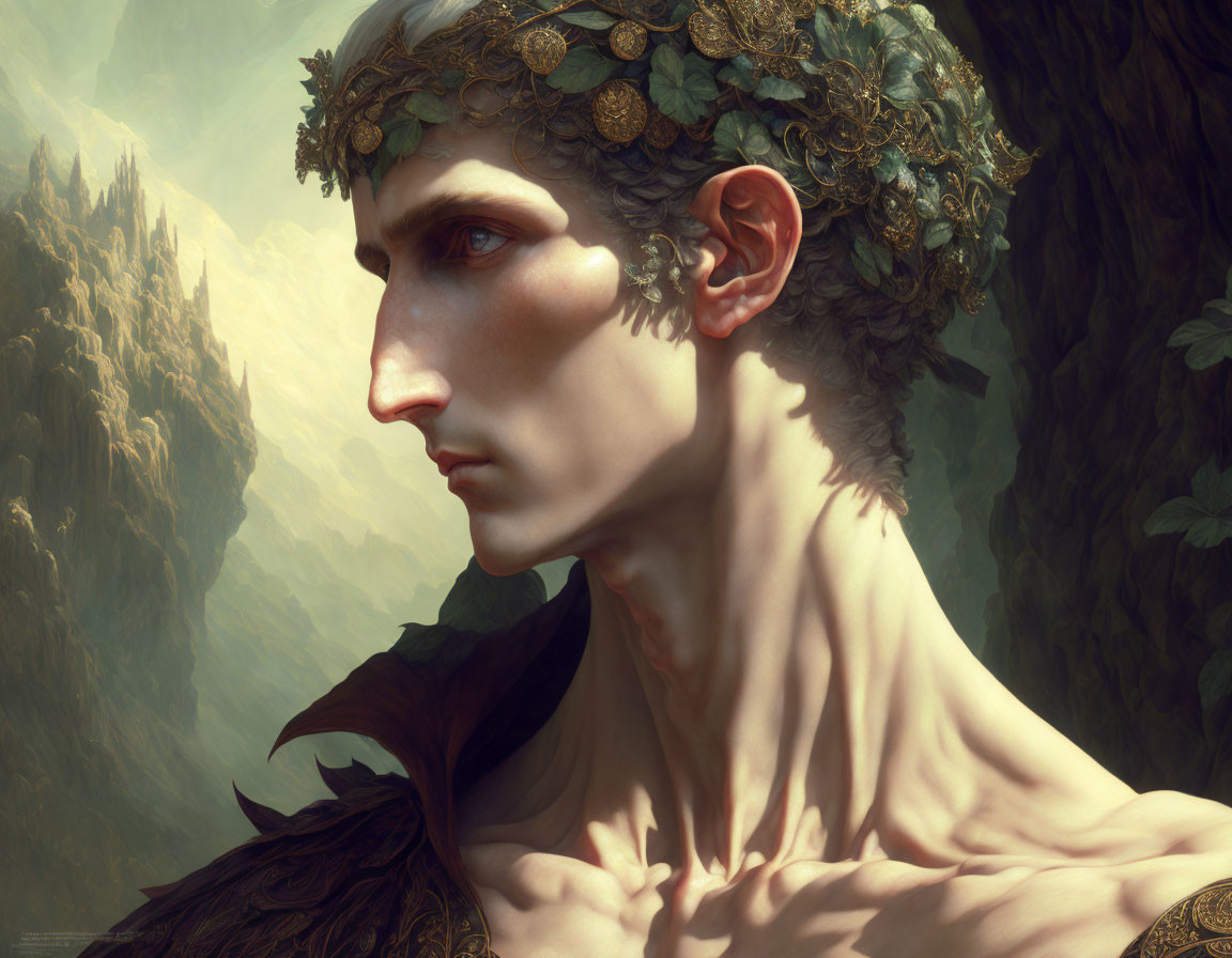 Mythical male figure with pointed ears and laurel crown in forest setting