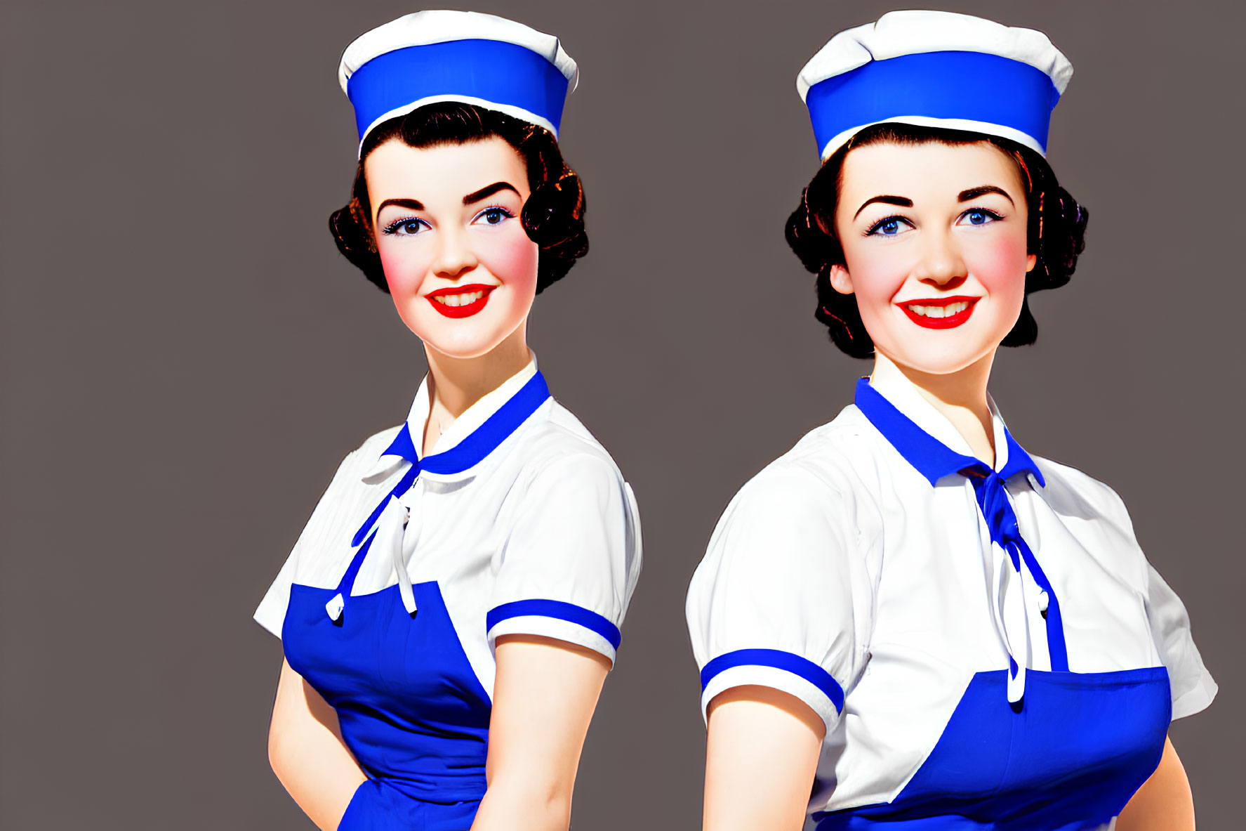 Vintage-style female nurse illustrations in white hats and blue-trimmed uniforms on grey background