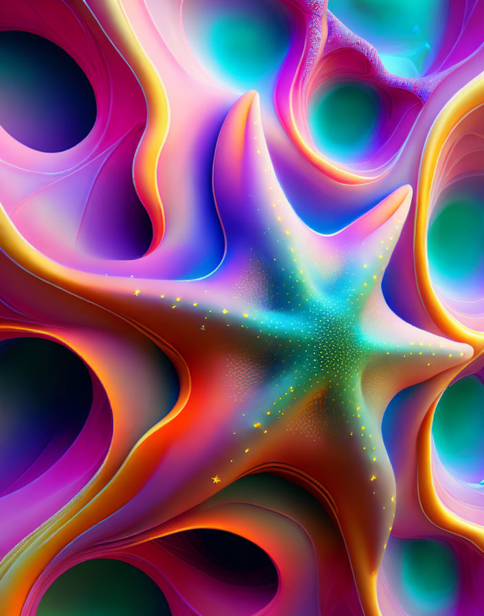 Colorful digital artwork: Star-shaped object in speckled pattern with flowing organic shapes
