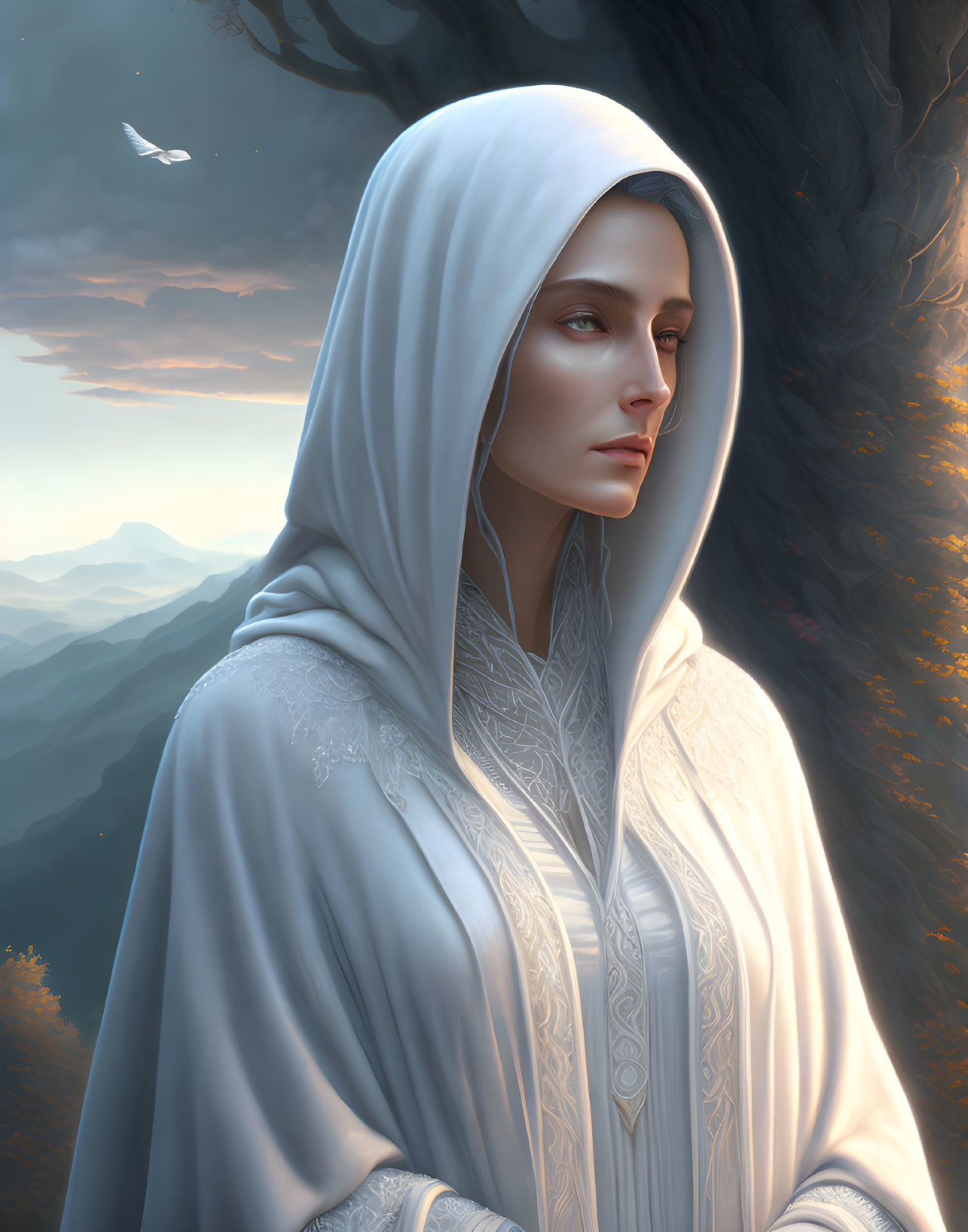 Serene woman in embroidered white robe gazes at misty mountains