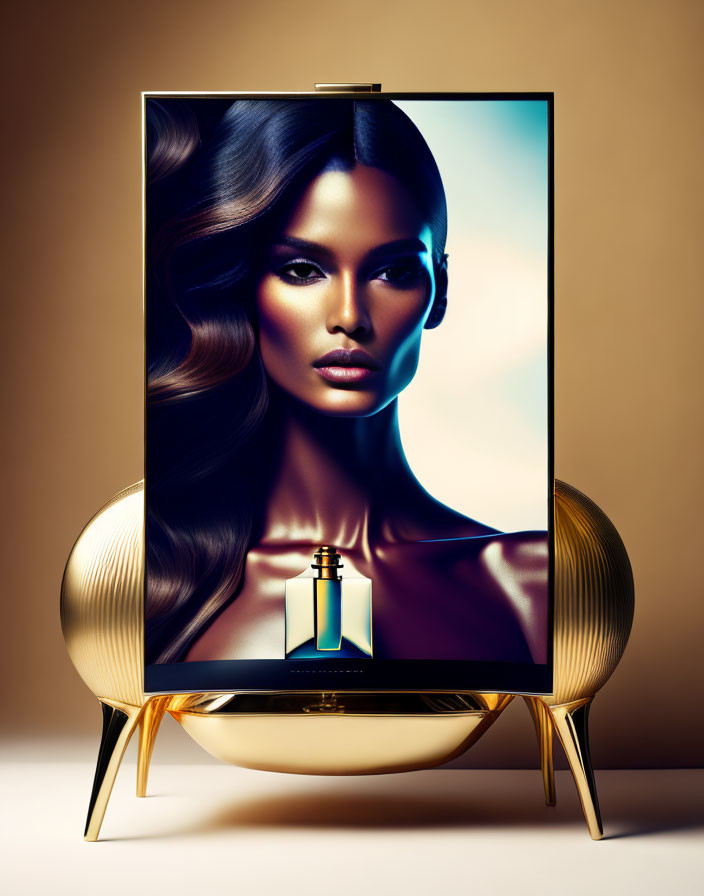 Stylish TV with Woman and Perfume Bottle on Gold Stand