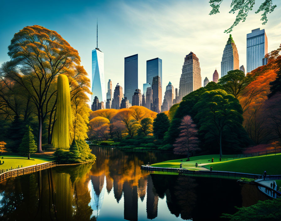 Tranquil park with pond, skyscrapers reflection, autumn trees, clear sunset sky