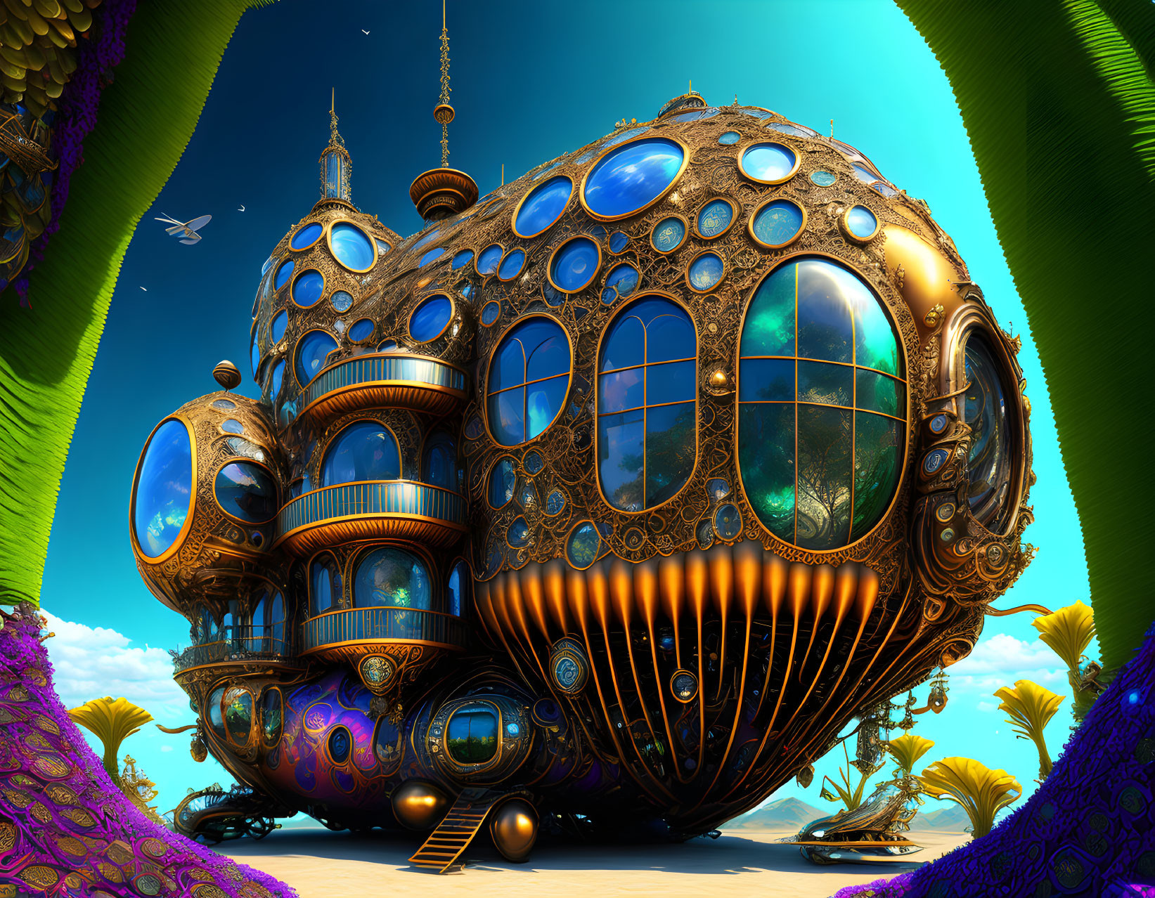 Fantastical ornate building in surreal colorful landscape