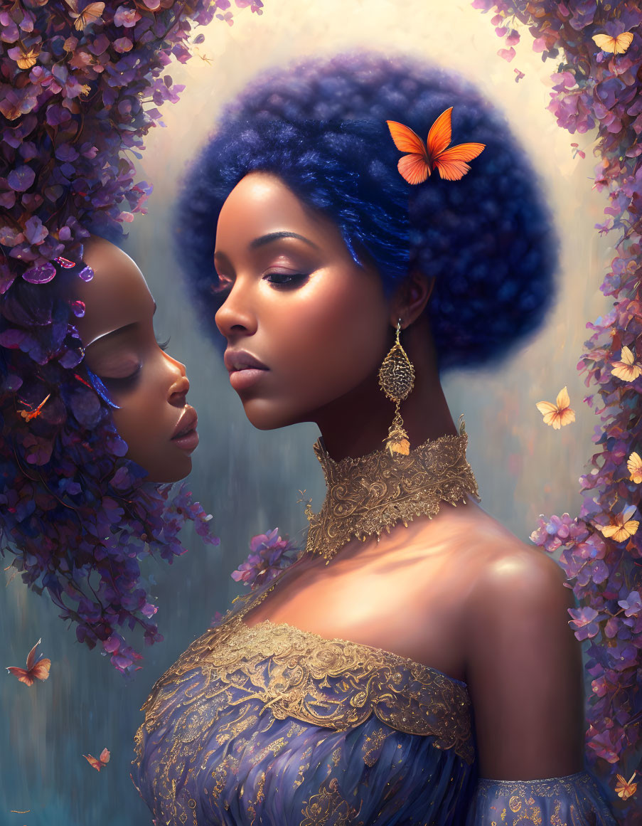 Digital Artwork: Woman with Blue Hair and Butterfly Reflection in Purple Blossoms