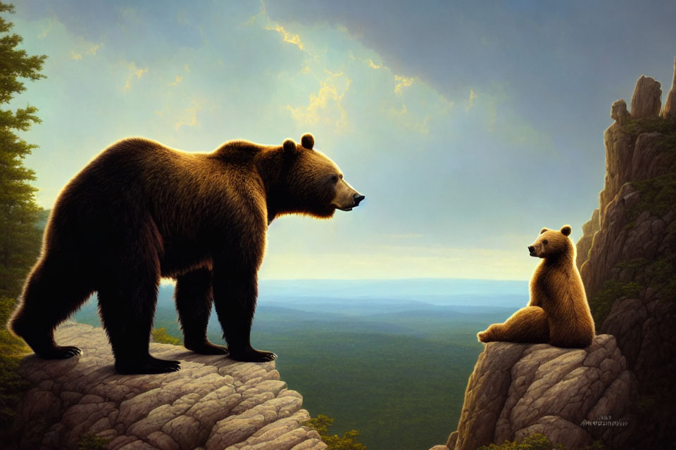 Adult Bear and Cub on Mountain Outcrops with Forest and Cloudy Skies