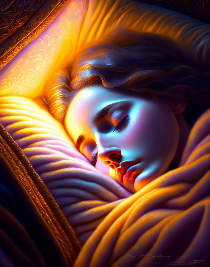 Illustration of sleeping woman with vibrant hair and warm blanket in golden light.