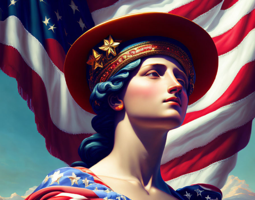 Stylized artistic illustration of a woman with blue streak in hair and star-spangled hat against American