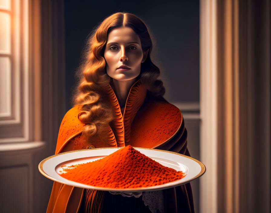 Woman in Vintage Orange Cloak Holding Pyramid-Shaped Object