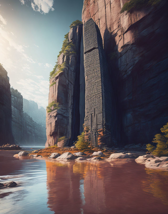 Majestic river with towering cliffs and ancient monolith reflected in tranquil water