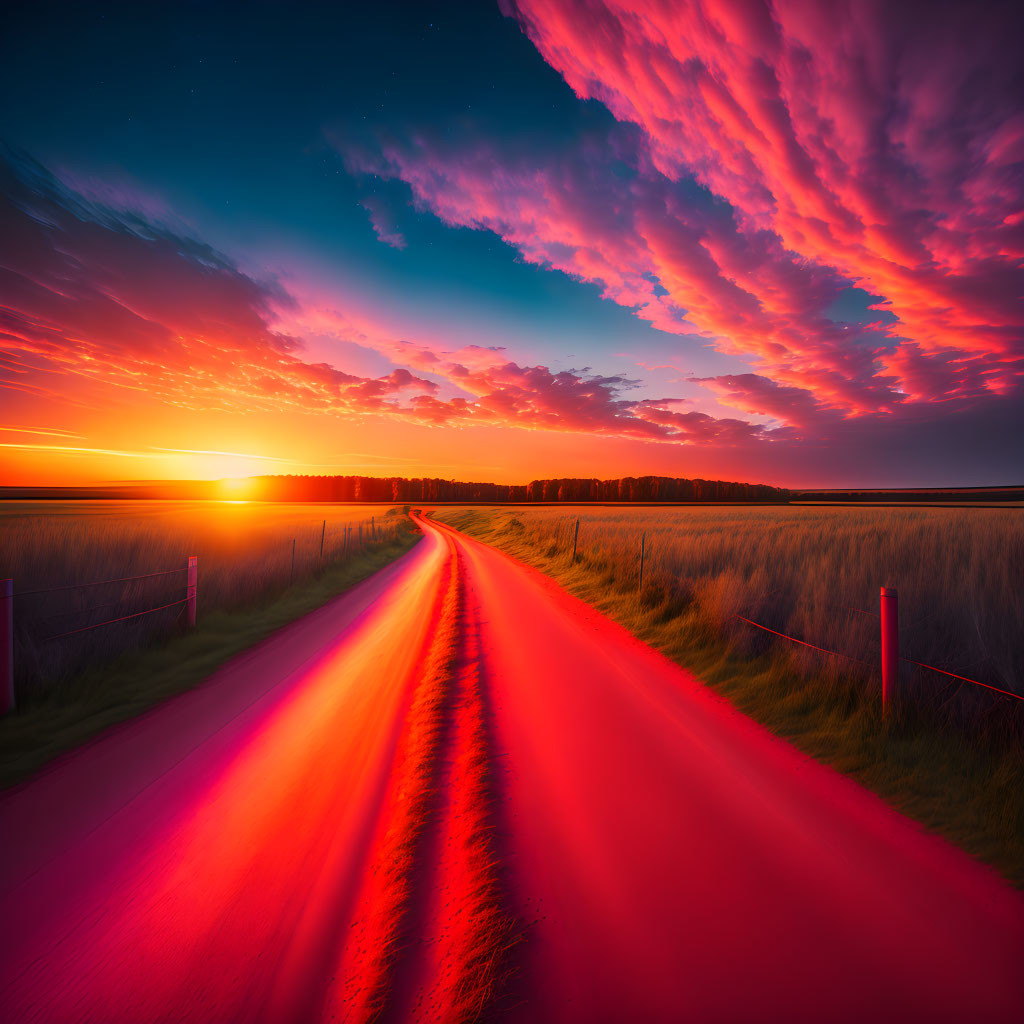 Vivid sunset over country road with fiery clouds and intense red hues