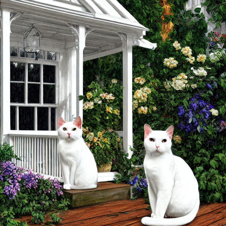 White Cats with Blue and Yellow Eyes on Wooden Porch with Flowers