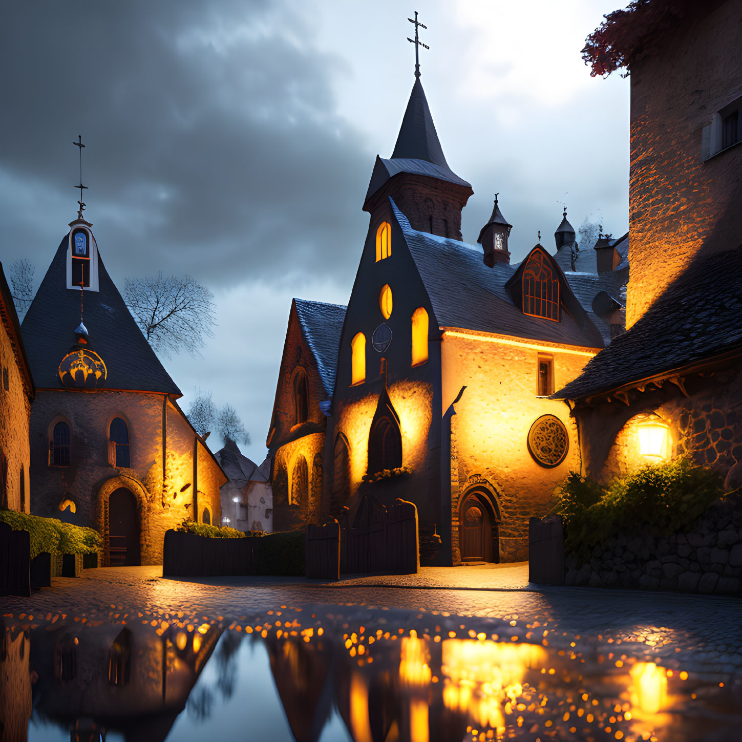 Medieval church and buildings illuminated at dusk on cobblestone pathway