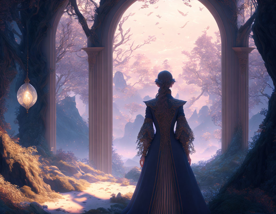 Person in elegant gown at archway gazing at mystical forest with pink skies