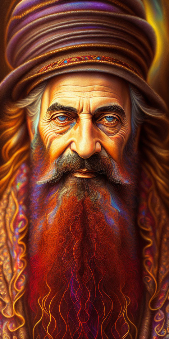 Colorful digital portrait of elderly man with flowing beard and mystical aura