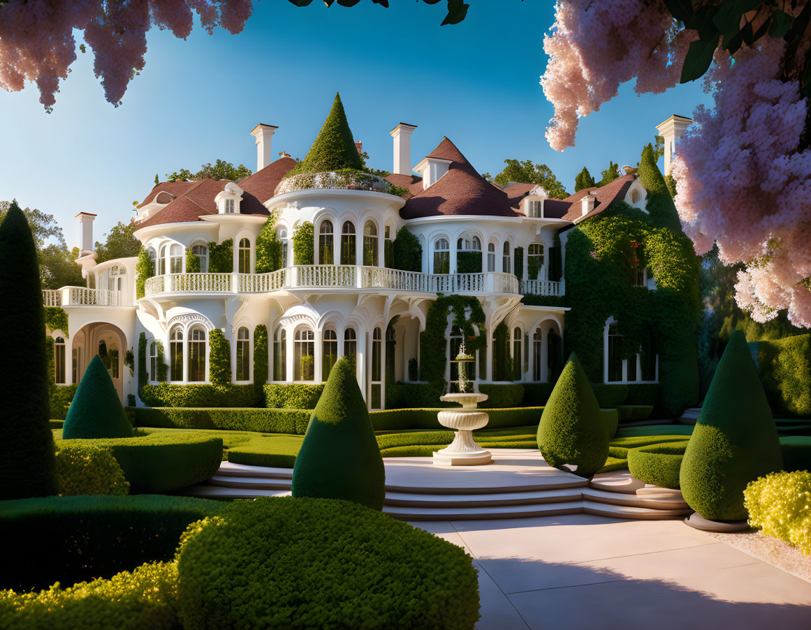 Luxurious mansion with white balconies, manicured gardens, fountain, and pink blooming trees