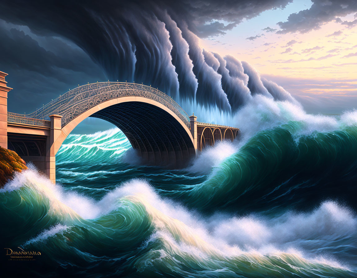 Large Ornate Bridge Over Tumultuous Sea with Surreal Cloud Wave