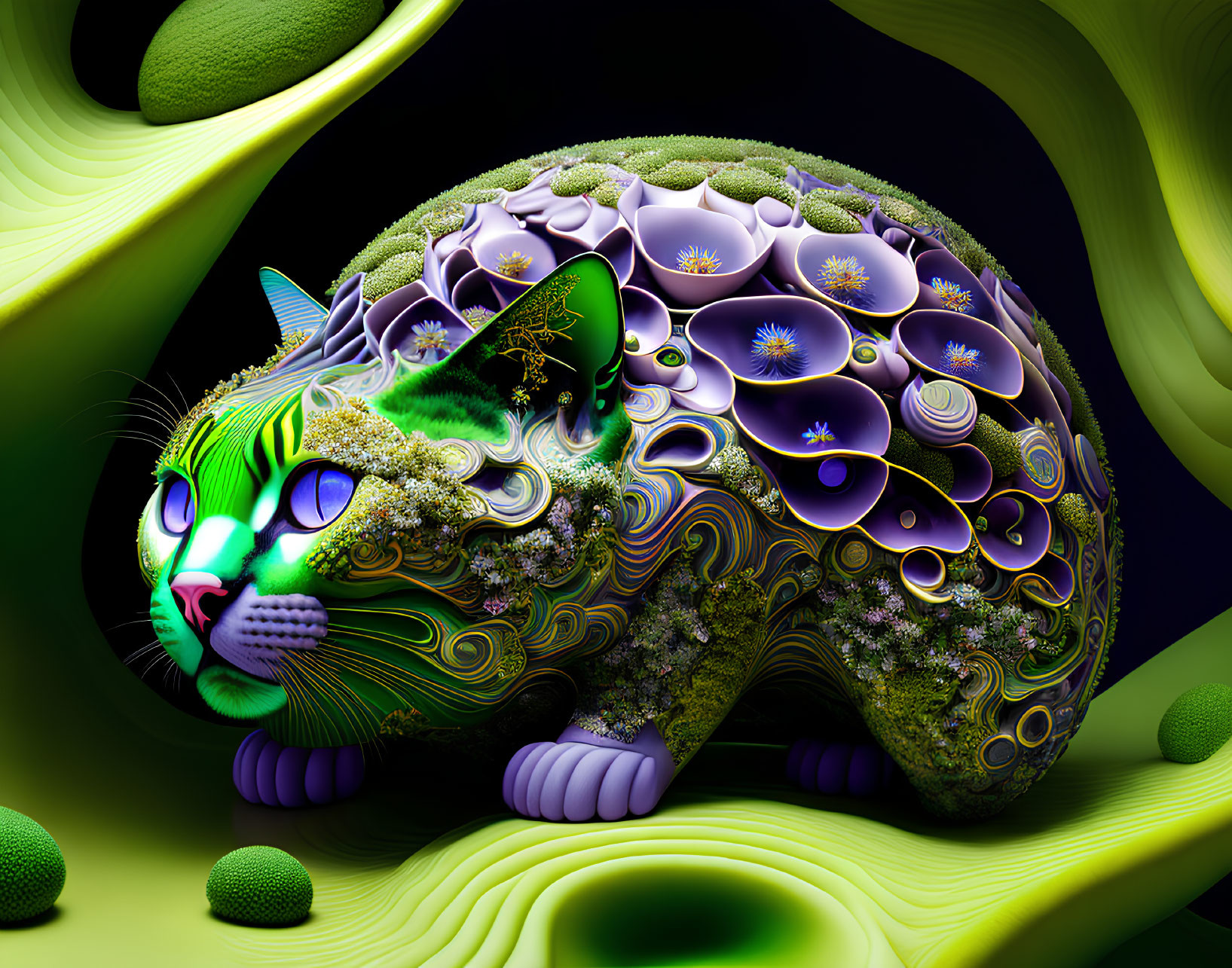 Colorful digital artwork featuring a cat with fractal patterns in purple, gold, and green on a