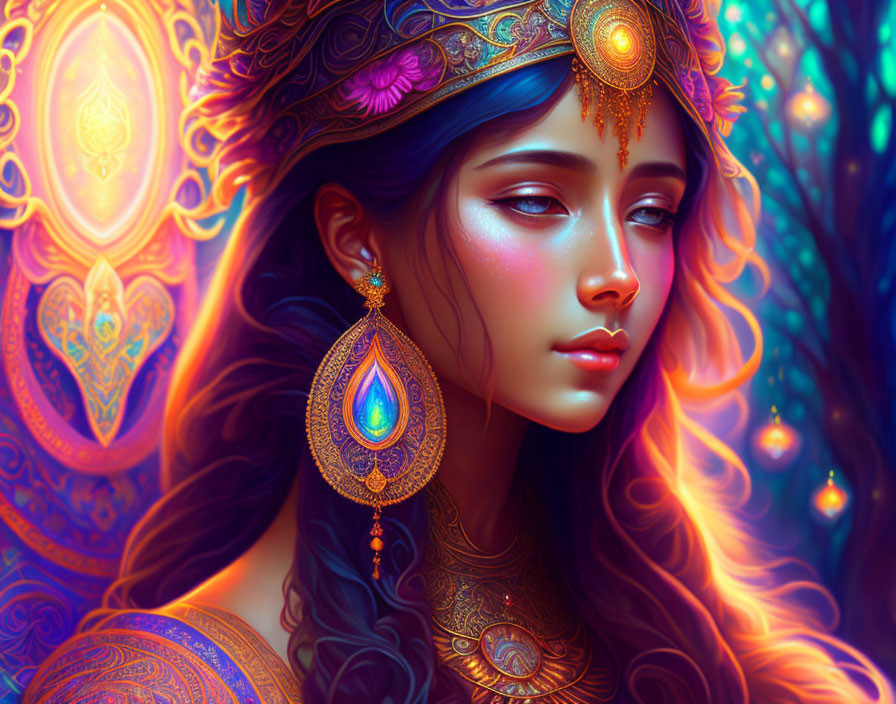 Colorful Illustration of Woman with Ornate Jewelry on Mystical Background