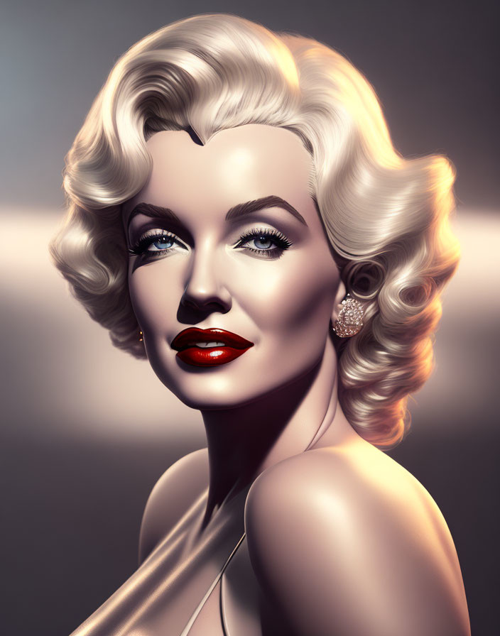 Blonde Curly-Haired Woman with Red Lipstick and Earrings on Neutral Background