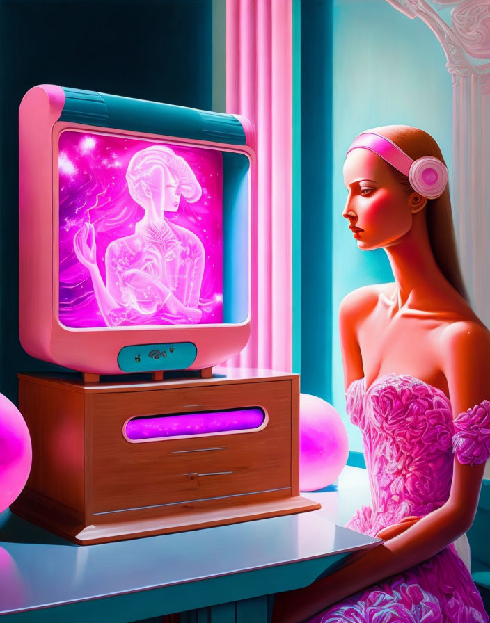 Stylized illustration of woman in pink dress with headphones and glowing figure on retro TV