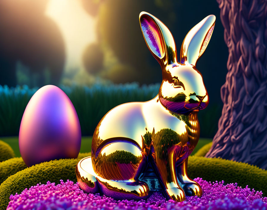 Golden Rabbit Sculpture and Pastel Egg in Vibrant Forest Scene