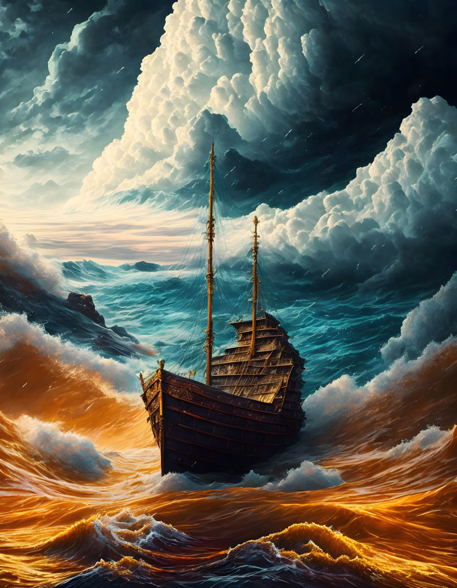 Old ship sailing through tumultuous seas with dramatic sunset sky