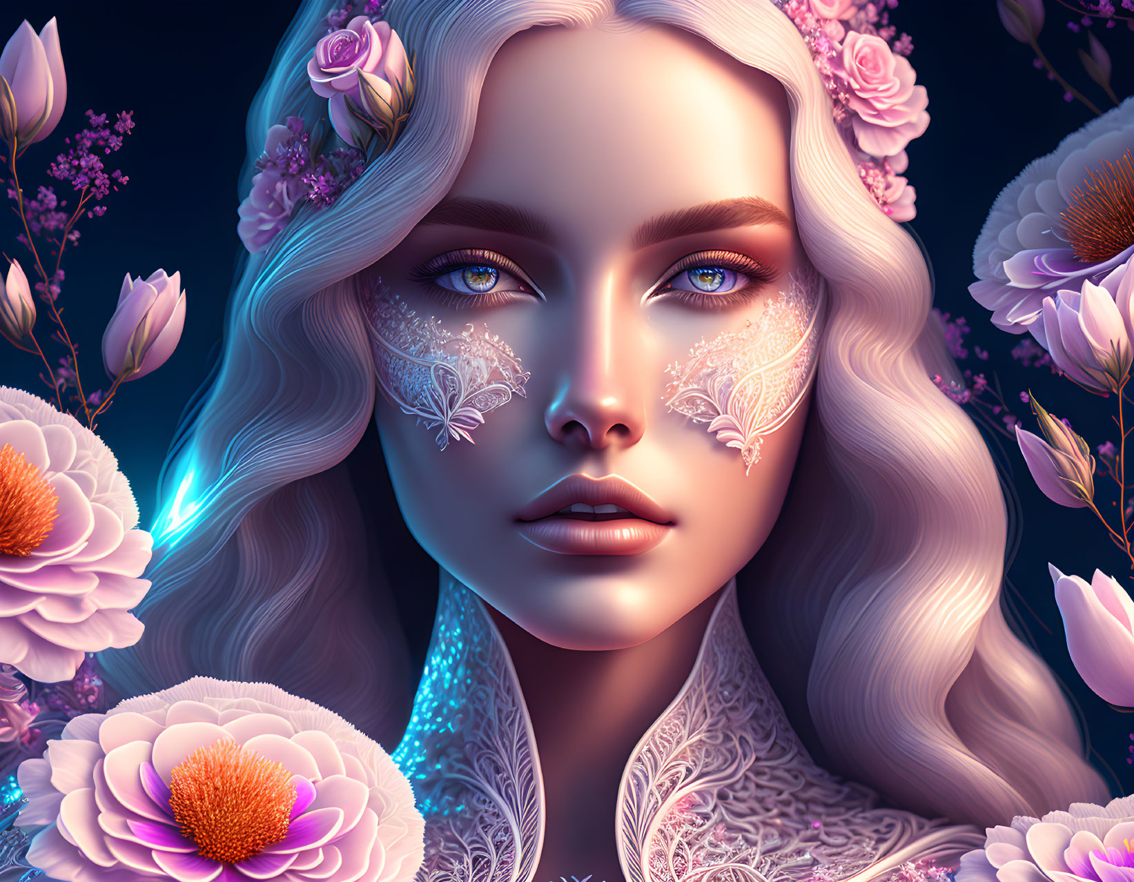 Digital artwork: Woman with floral face tattoos in pink flower setting on dark blue.