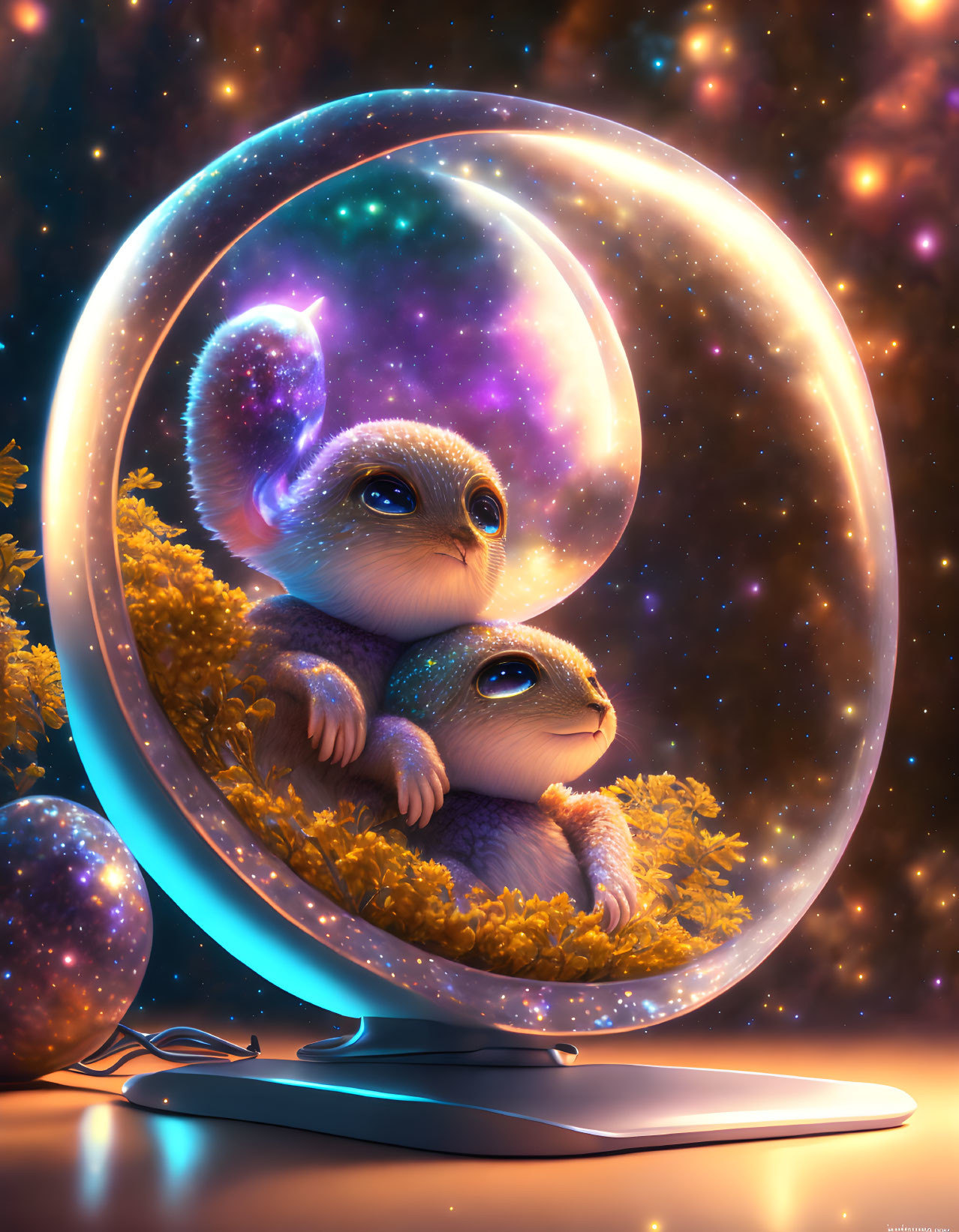 Stylized cosmic rodents in glass container with nebula backdrop