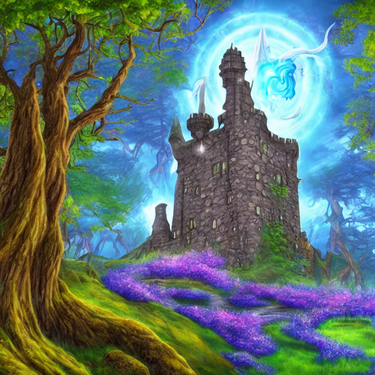 Mystical stone castle in vibrant forest with magical energy swirl