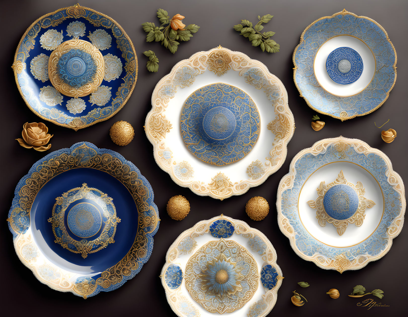 Blue and Gold Patterned Tableware Set with Nuts and Leaves on Dark Background