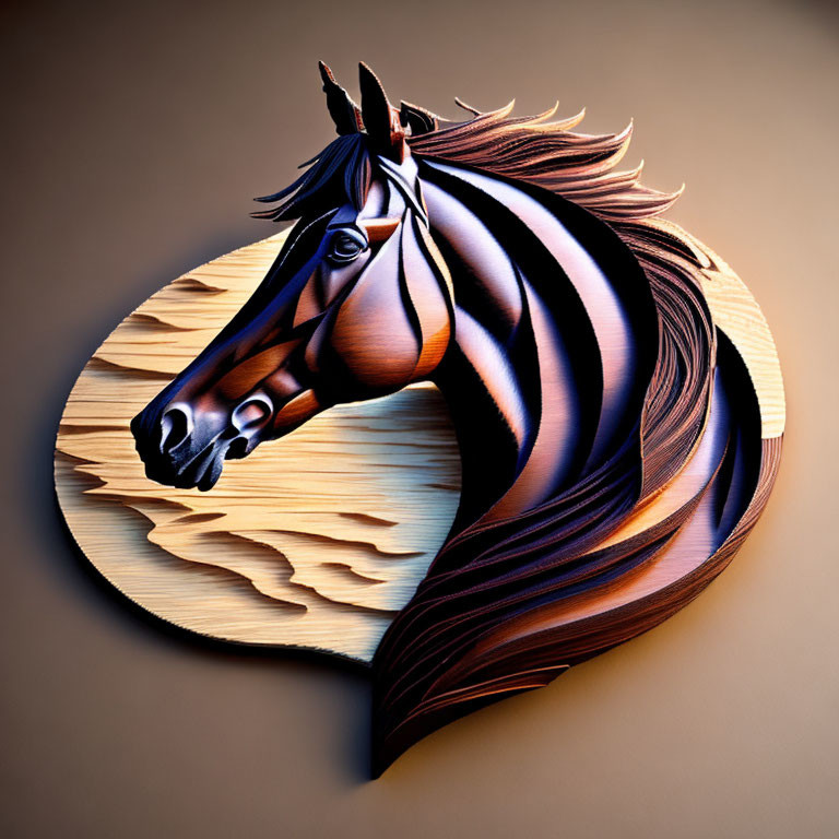 Stylized wooden horse head sculpture on beige circle.