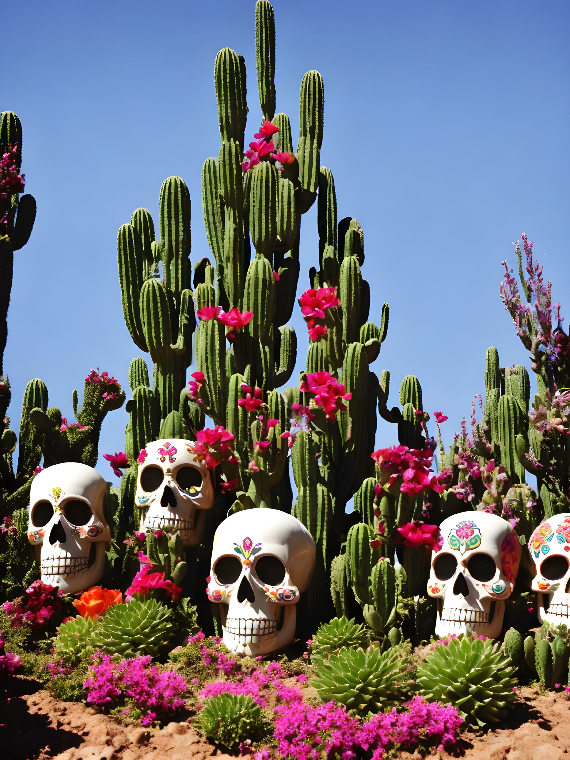 Colorful Patterned Decorative Skulls with Cacti and Flowers in Blue Sky