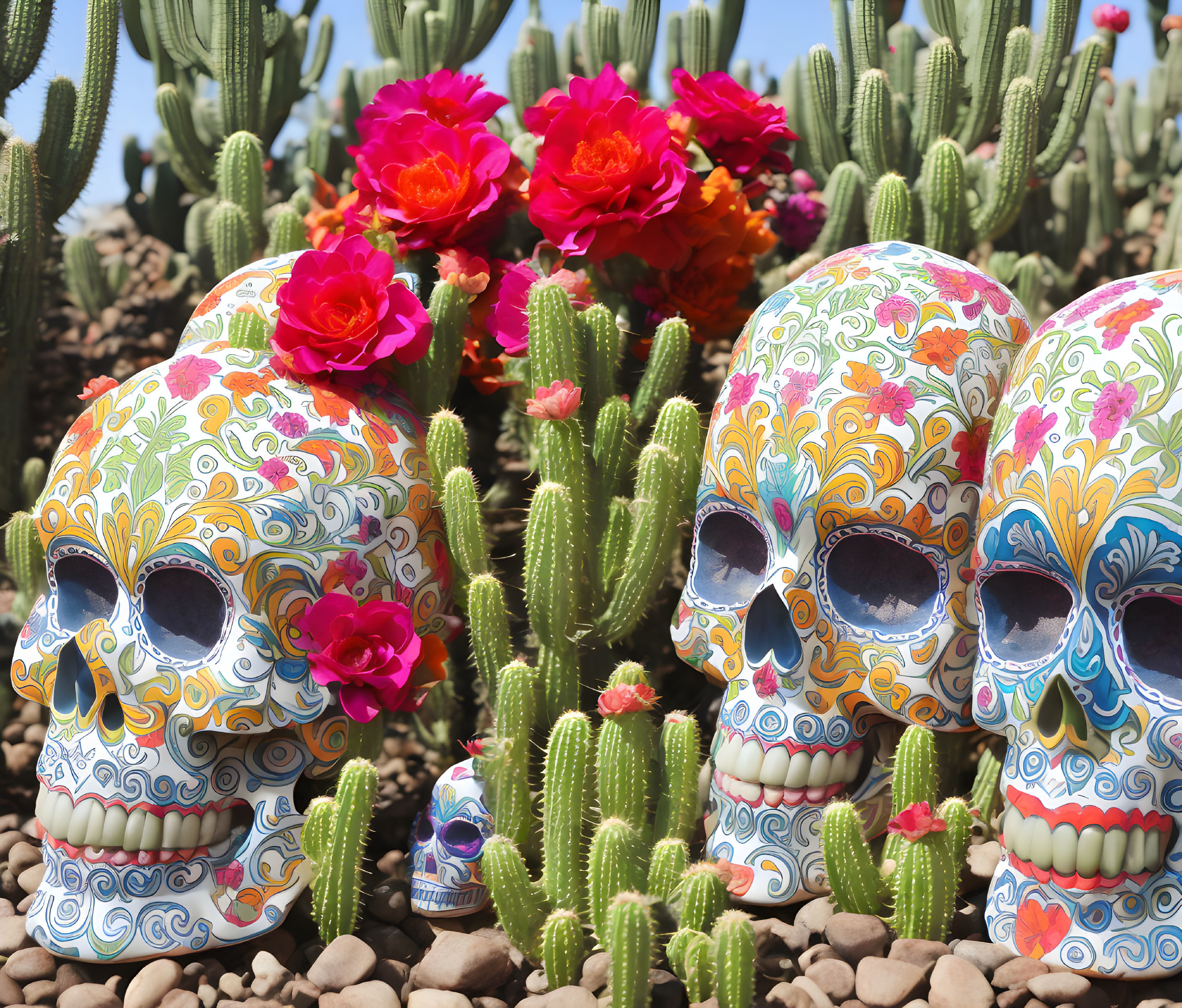 Colorful Skull Figurines with Floral Patterns and Cactus Background