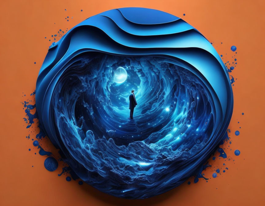 Surreal figure in swirling blue vortex on orange background