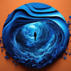 Surreal figure in swirling blue vortex on orange background