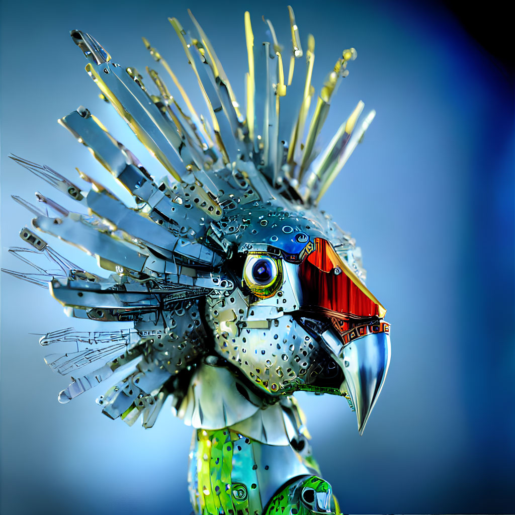 Colorful Mechanical Bird Sculpture with Prominent Beak and Glassy Eye