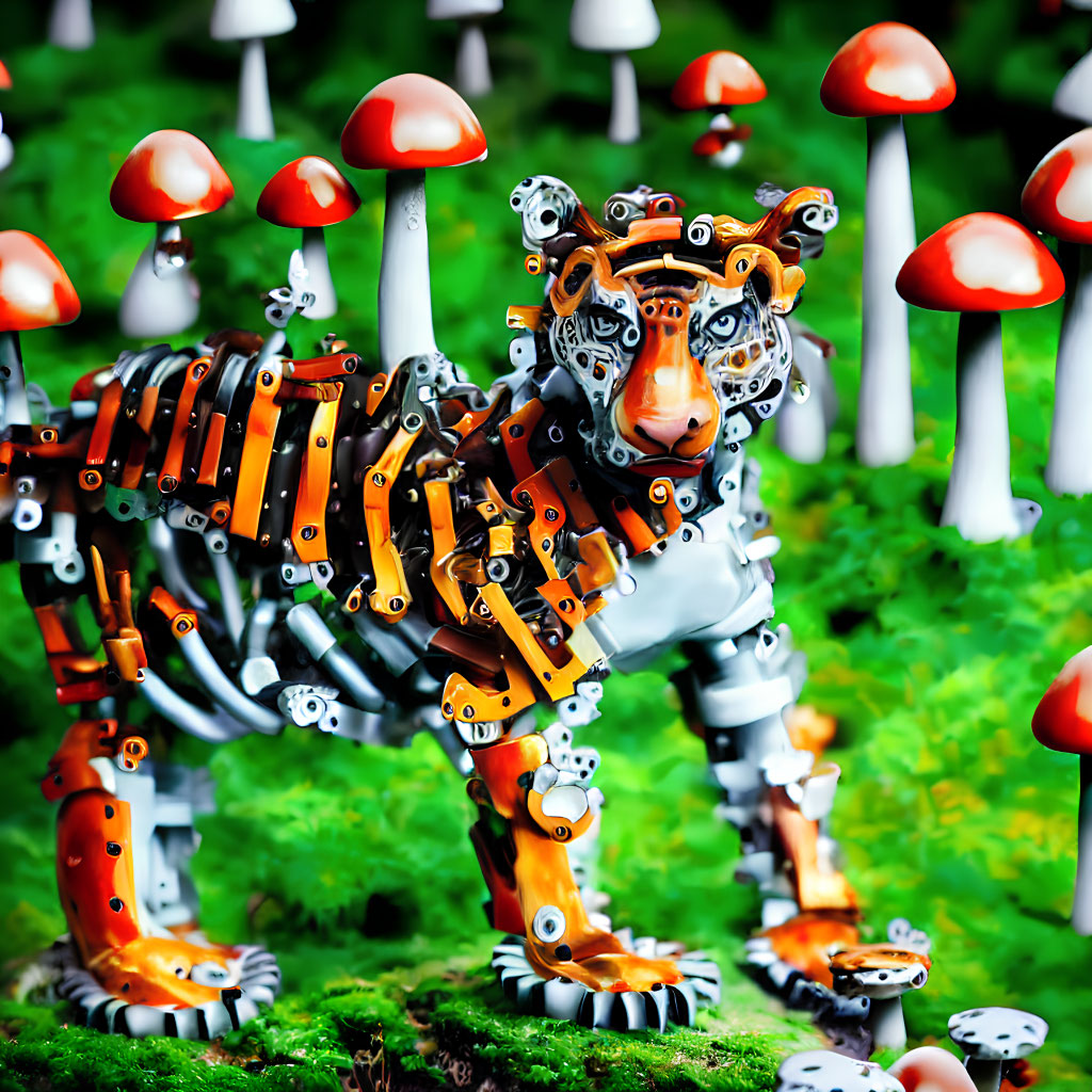 Colorful mechanized tiger model among red and white mushrooms on green background