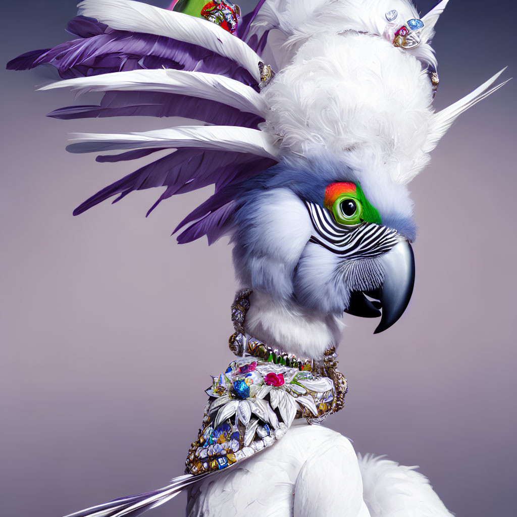 White Parrot with Ornate Jewelry and Colorful Feathers