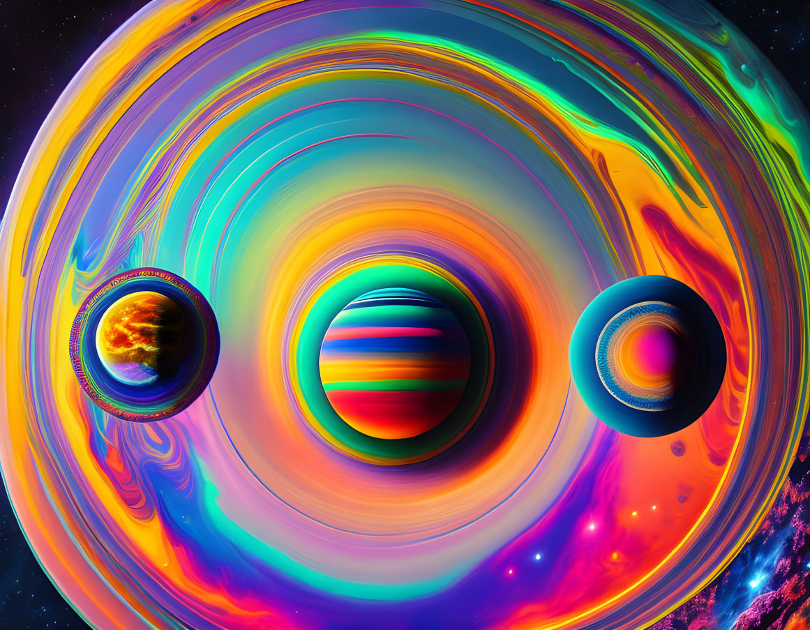 Vibrant surreal cosmic scene with swirling colors and abstract planetary bodies