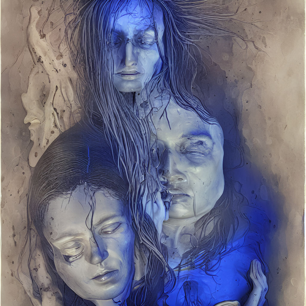 Four closed-eyed faces in blue and gray with a dreamlike quality.