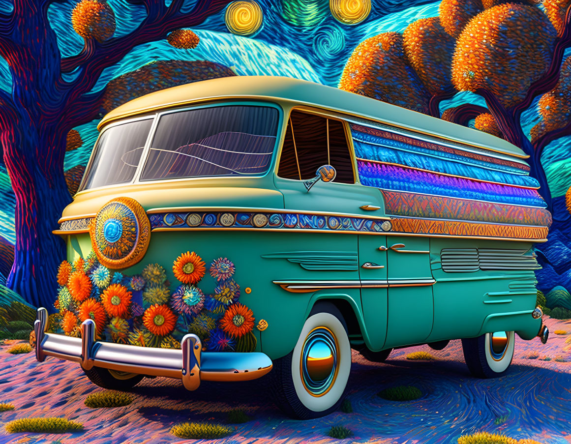 Colorful Vintage Van with Flower and Mandala Patterns in Whimsical Landscape