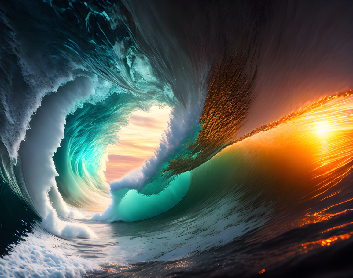 Barrel wave at sunset: a captivating view from within