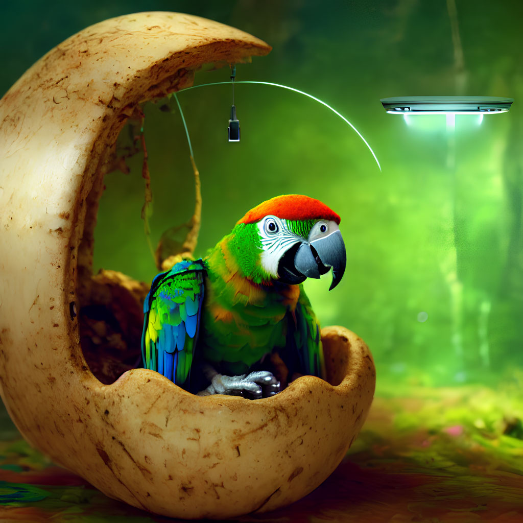 Vibrant parrot in cracked nut shell with fishing rod and fish on emerald background