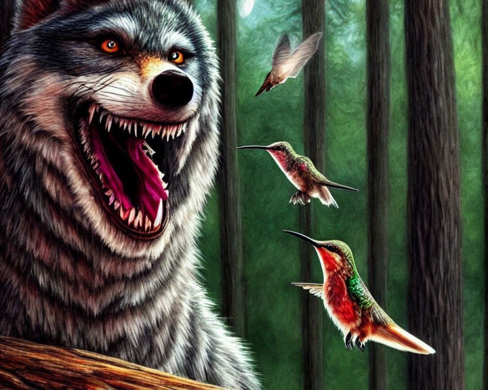 Detailed illustration: Snarling wolf meets hummingbirds in moonlit forest