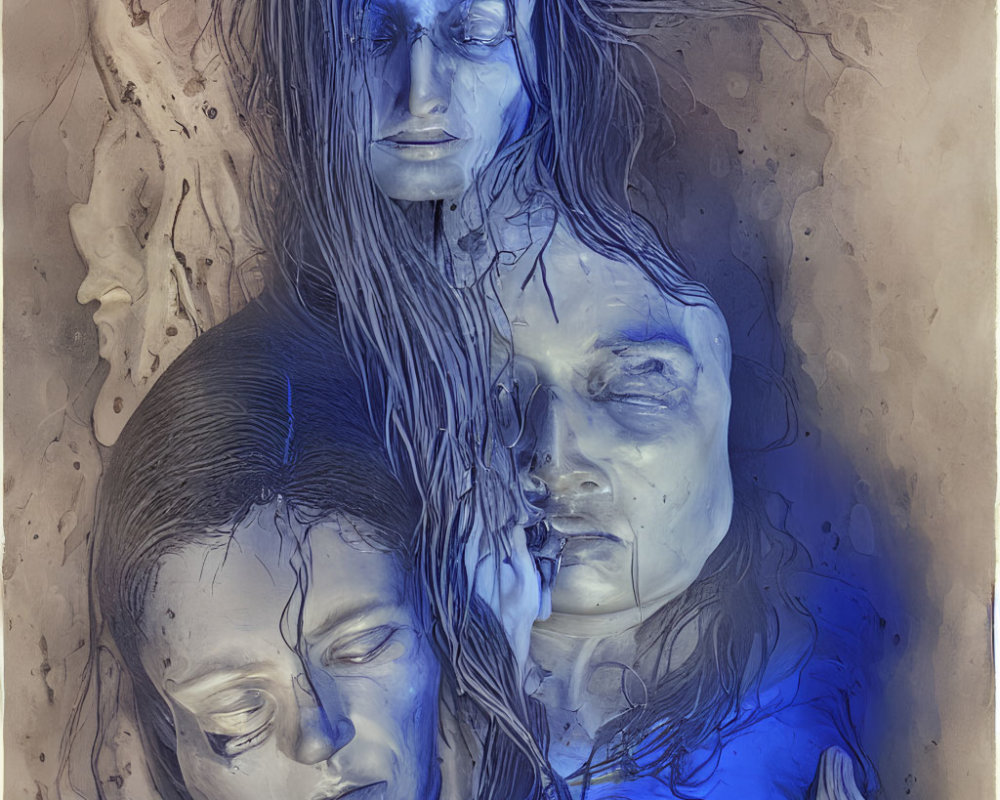 Four closed-eyed faces in blue and gray with a dreamlike quality.