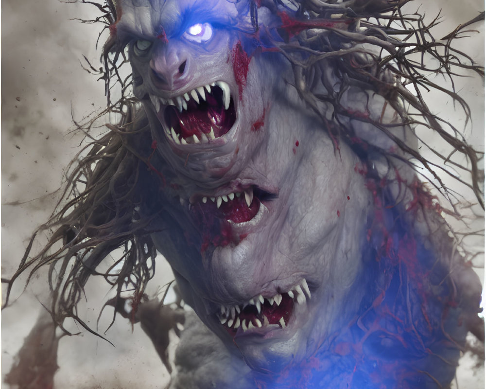 Blue-skinned fantasy creature with sharp fangs and wild hair roaring aggressively in a stormy scene