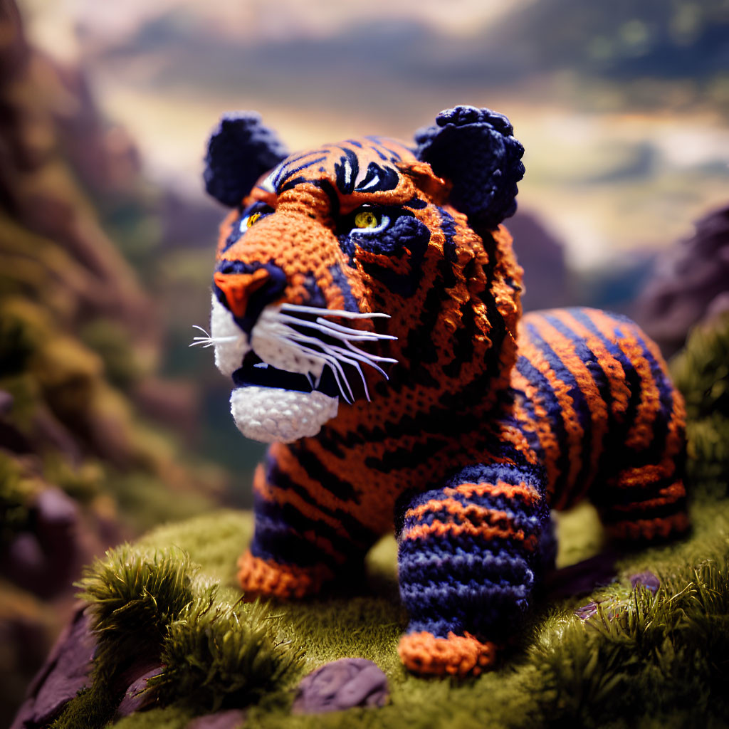 Crocheted tiger model with intricate patterns in natural habitat setting